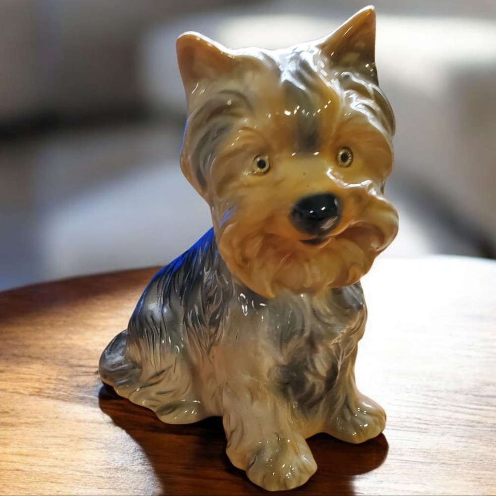 Vintage Yorkshire Terrier Dog Figurine - Black and Tan 7" H
